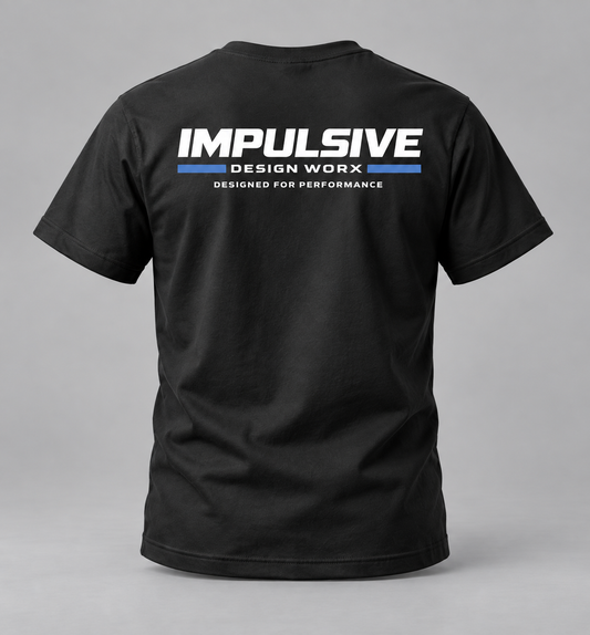 Back of a black Impulsive Design Worx Logo T-shirt with large white and blue branding