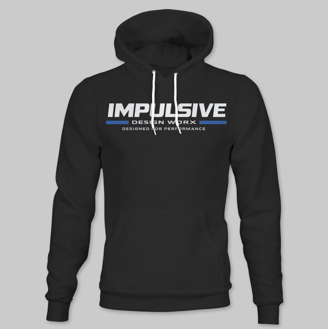 Black Impulsive Design Worx Logo Hoodie with white and blue chest branding