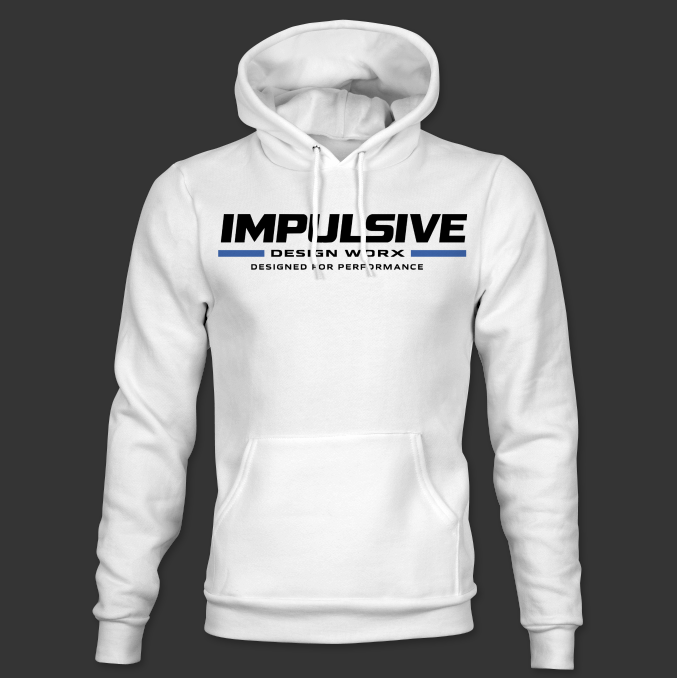 White Impulsive Design Worx Logo Hoodie with black and blue chest branding