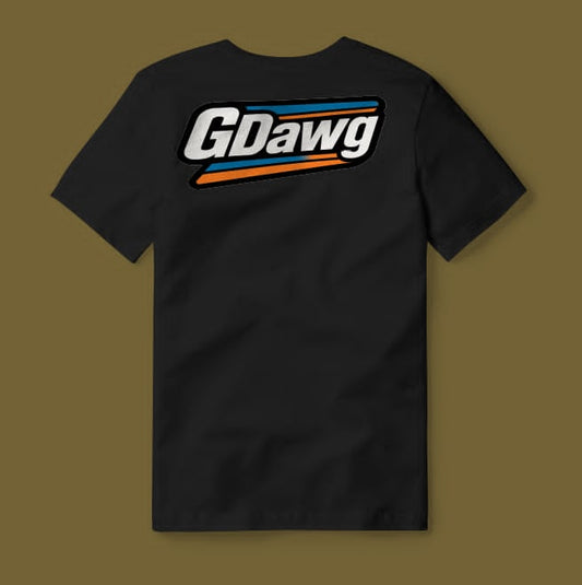 Back view of a black custom RC T-shirt with a personalized name design