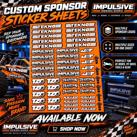 Custom RC sponsor sticker sheet with sponsor logos arranged in multiple sizes