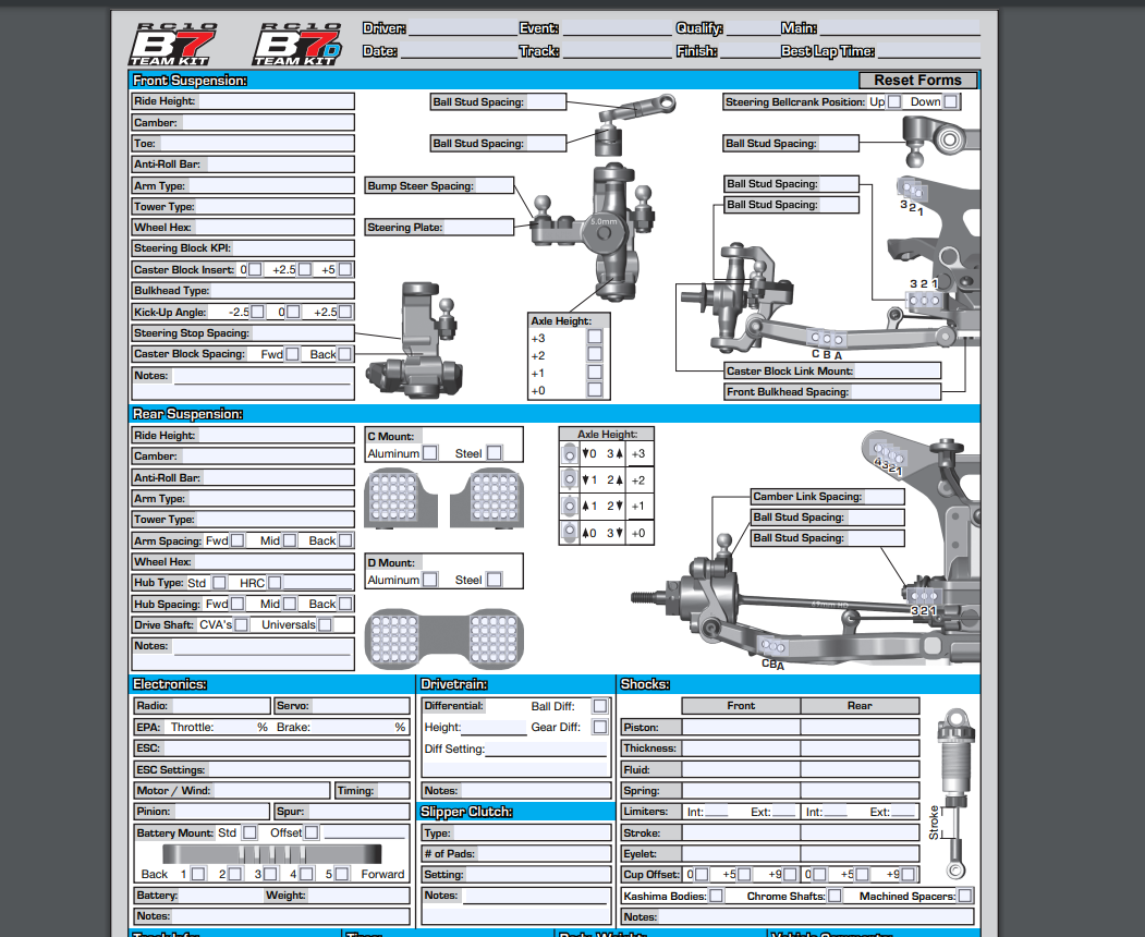 Team Associated B7 Blank Set Up Sheet