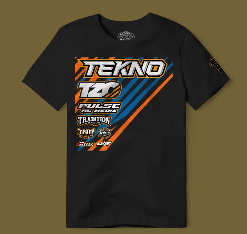 Black custom RC racing T-shirt with sponsor logos and orange and blue stripes