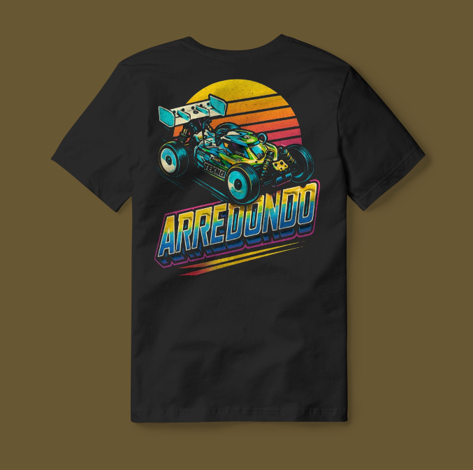 Black custom RC T-shirt with a retro sunset and RC vehicle graphic