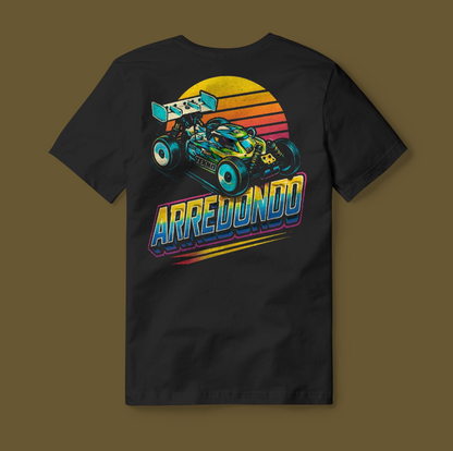 Black custom RC T-shirt with a retro sunset and RC vehicle graphic