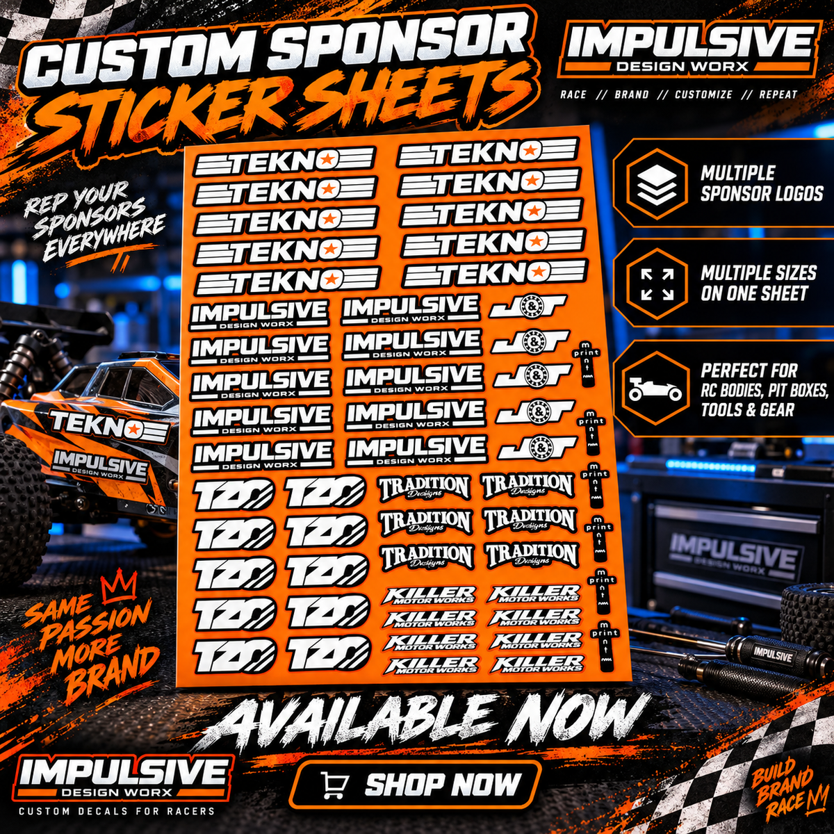 Custom RC sponsor sticker sheet example with logos arranged in multiple sizes