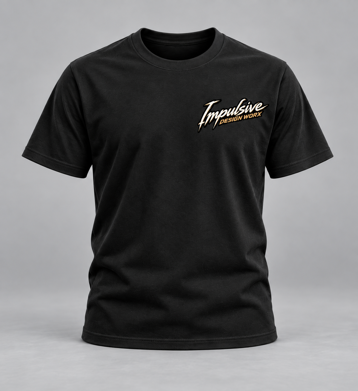 Front of a black IDW River Life T-shirt with a small script chest graphic