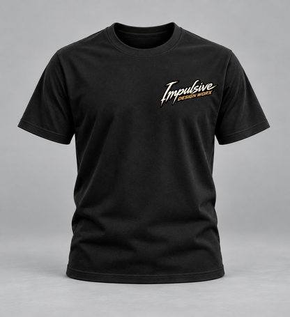 Front of a black IDW River Life T-shirt with a small script chest graphic