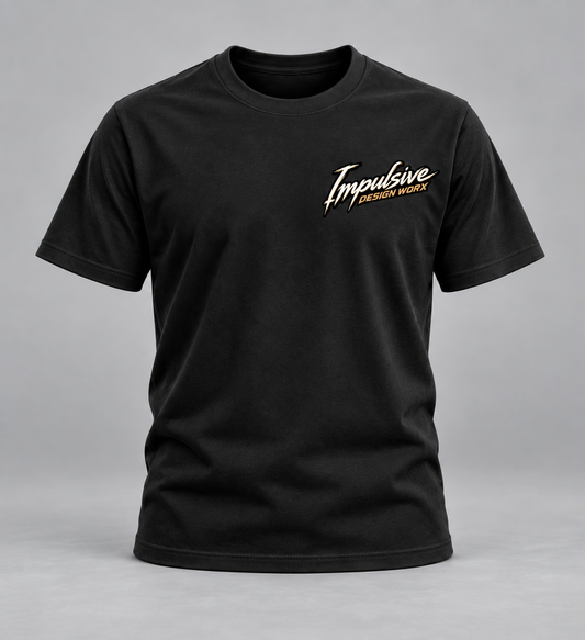 Front of a black IDW River Life T-shirt with a small script chest graphic