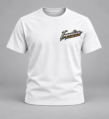 Front of a white IDW River Life T-shirt with a small script chest graphic