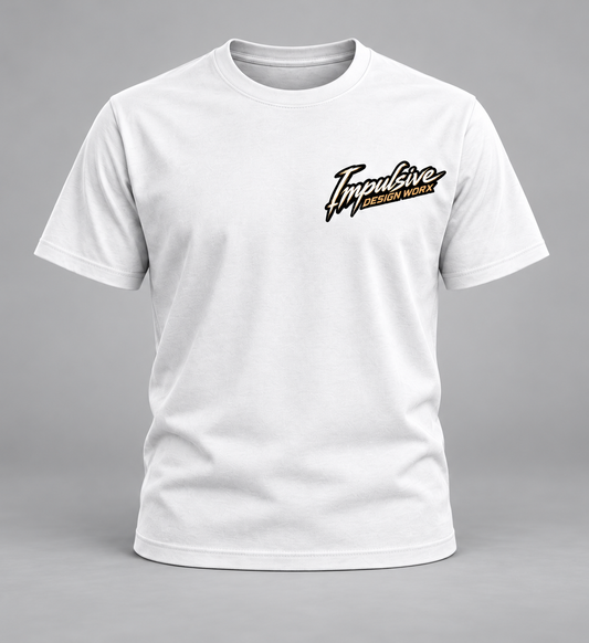 Front of a white IDW River Life T-shirt with a small script chest graphic