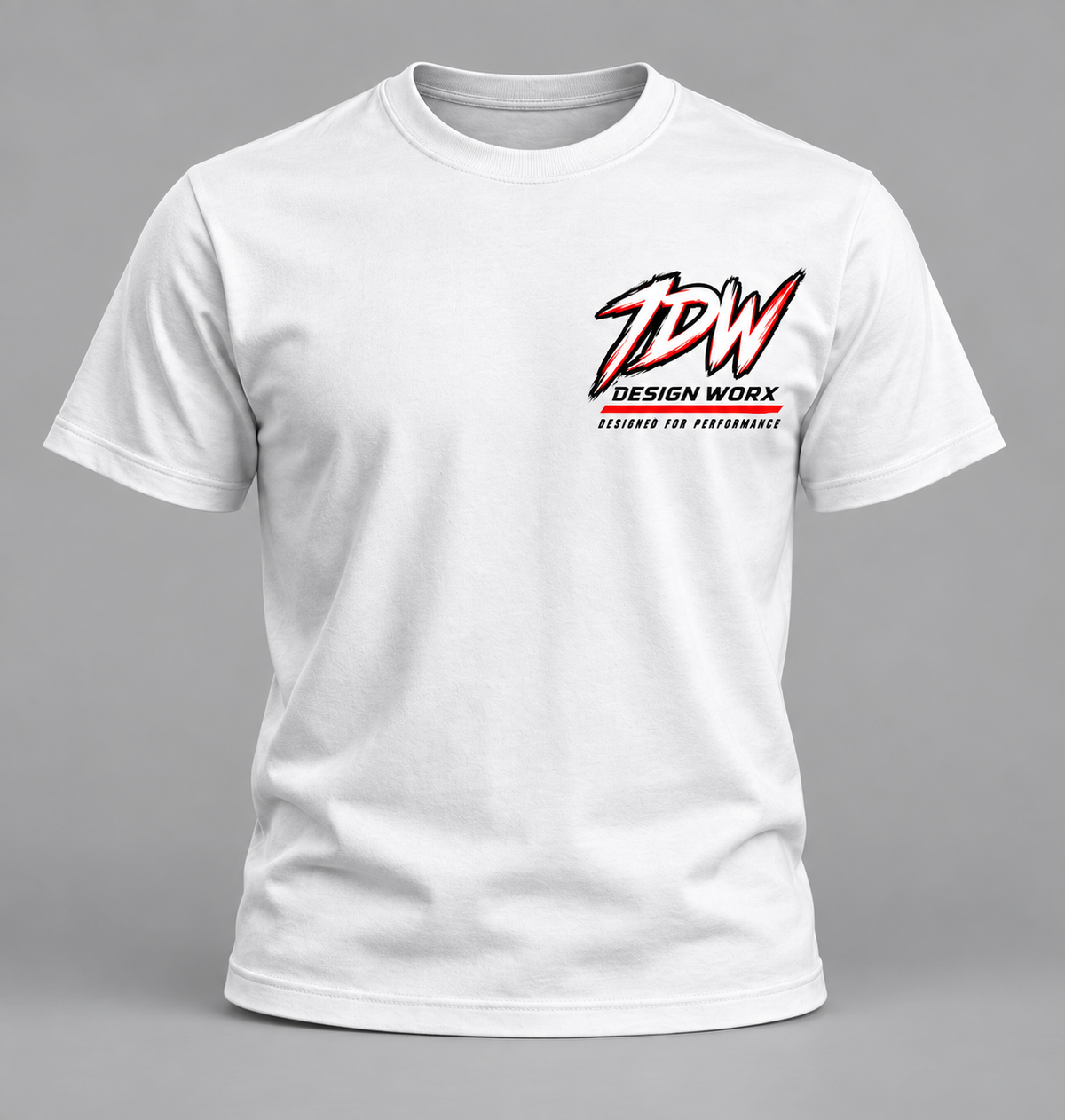 Front of a white IDW Global Series T-shirt with a red and black chest graphic