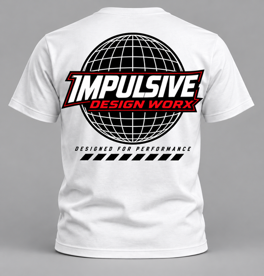 Back of a white IDW Global Series T-shirt with a globe and red and black lettering