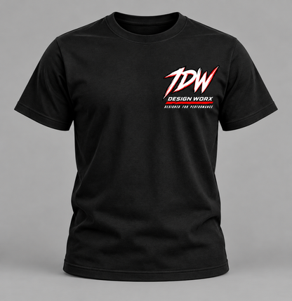 Front of a black IDW Global Series T-shirt with a white and red chest graphic
