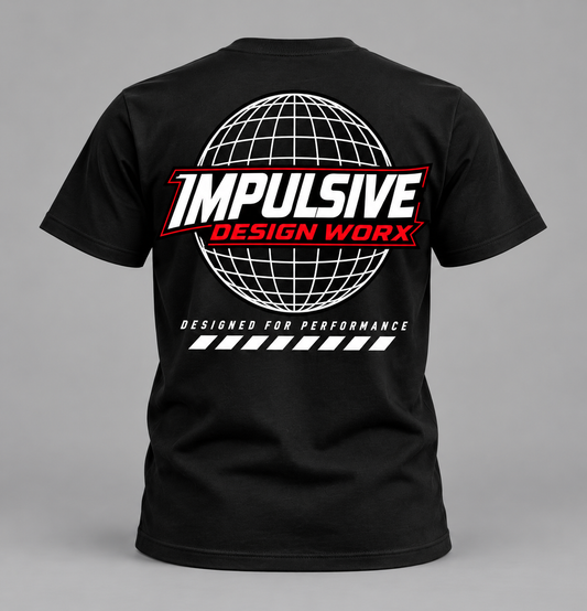 Back of a black IDW Global Series T-shirt with a globe and white and red lettering