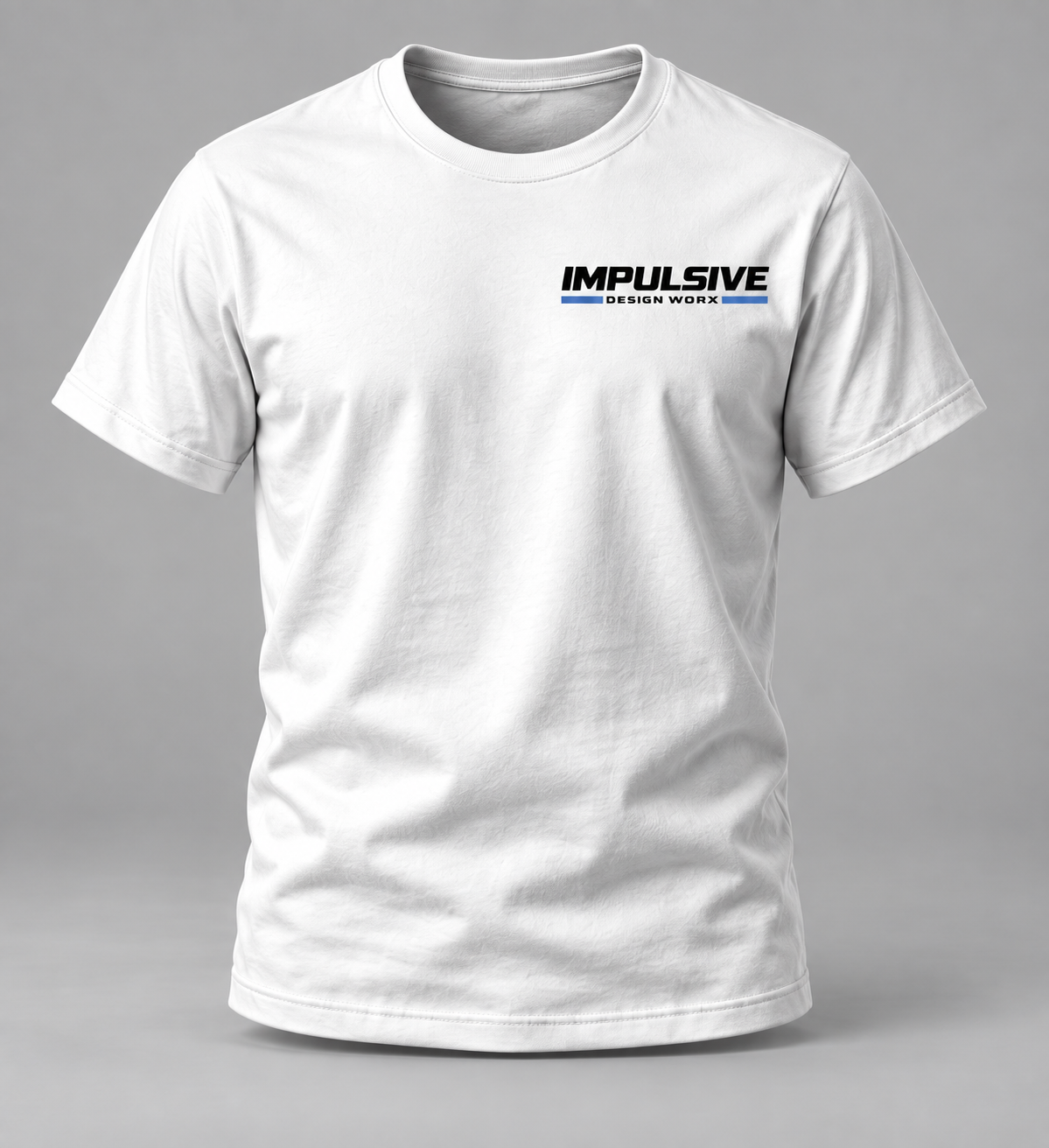 Front of a white Impulsive Design Worx Logo T-shirt with a small chest logo