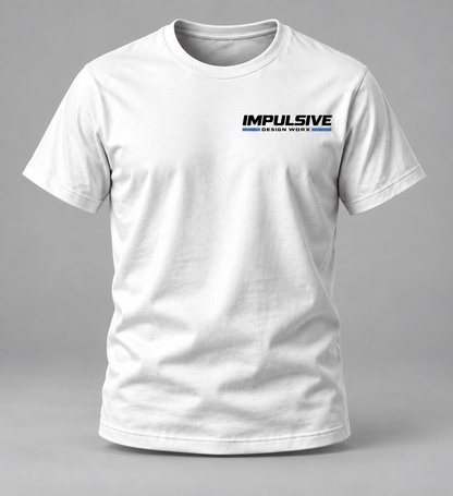 Front of a white Impulsive Design Worx Logo T-shirt with a small chest logo