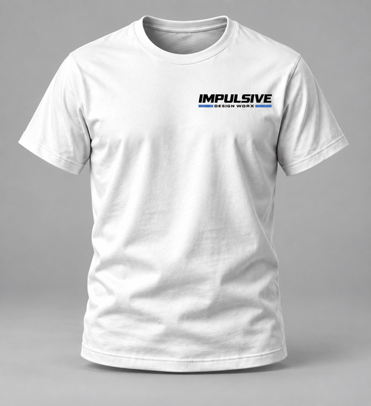 Front of a white Impulsive Design Worx Logo T-shirt with a small chest logo