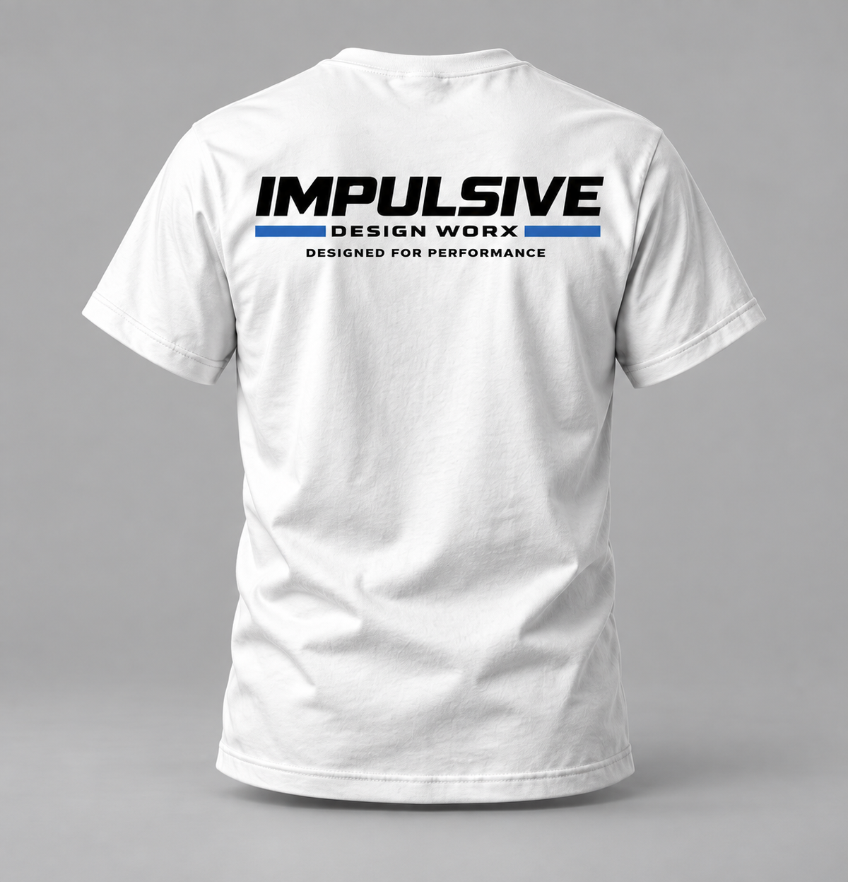 Back of a white Impulsive Design Worx Logo T-shirt with black and blue branding