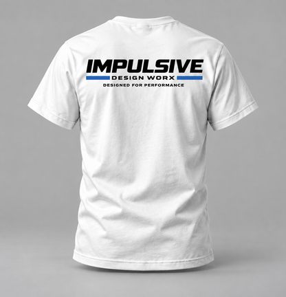 Back of a white Impulsive Design Worx Logo T-shirt with black and blue branding