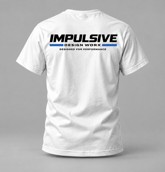 Back of a white Impulsive Design Worx Logo T-shirt with black and blue branding