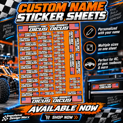 Custom RC name sticker sheet example with repeated names in multiple sizes