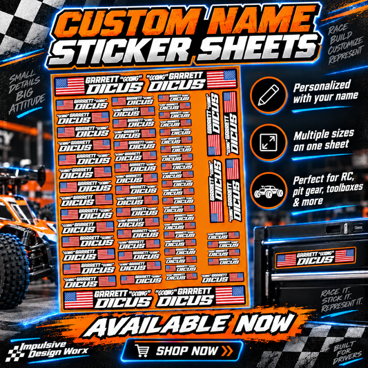 Custom RC name sticker sheet example with repeated names in multiple sizes