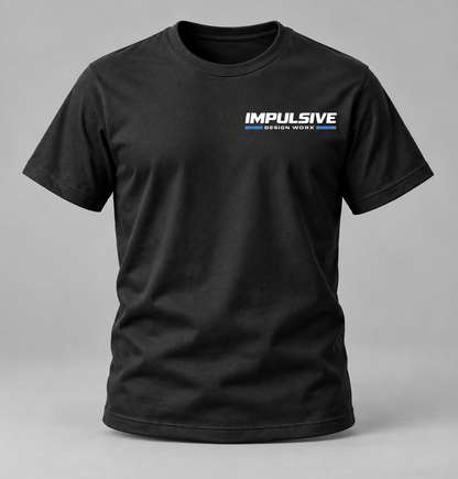 Front of a black Impulsive Design Worx Logo T-shirt with a small white chest logo