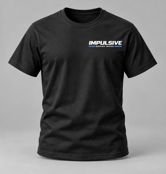 Front of a black Impulsive Design Worx Logo T-shirt with a small white chest logo