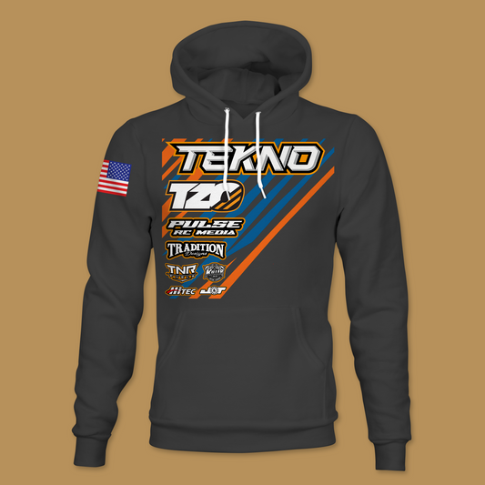 Black custom RC racing hoodie with sponsor logos and orange and blue diagonal graphics