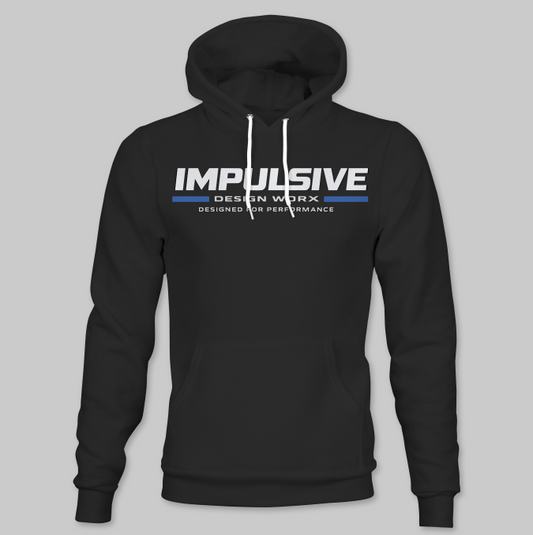 Black Impulsive Design Worx Logo Hoodie with white and blue chest branding