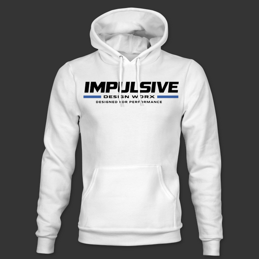 White Impulsive Design Worx Logo Hoodie with black and blue chest branding