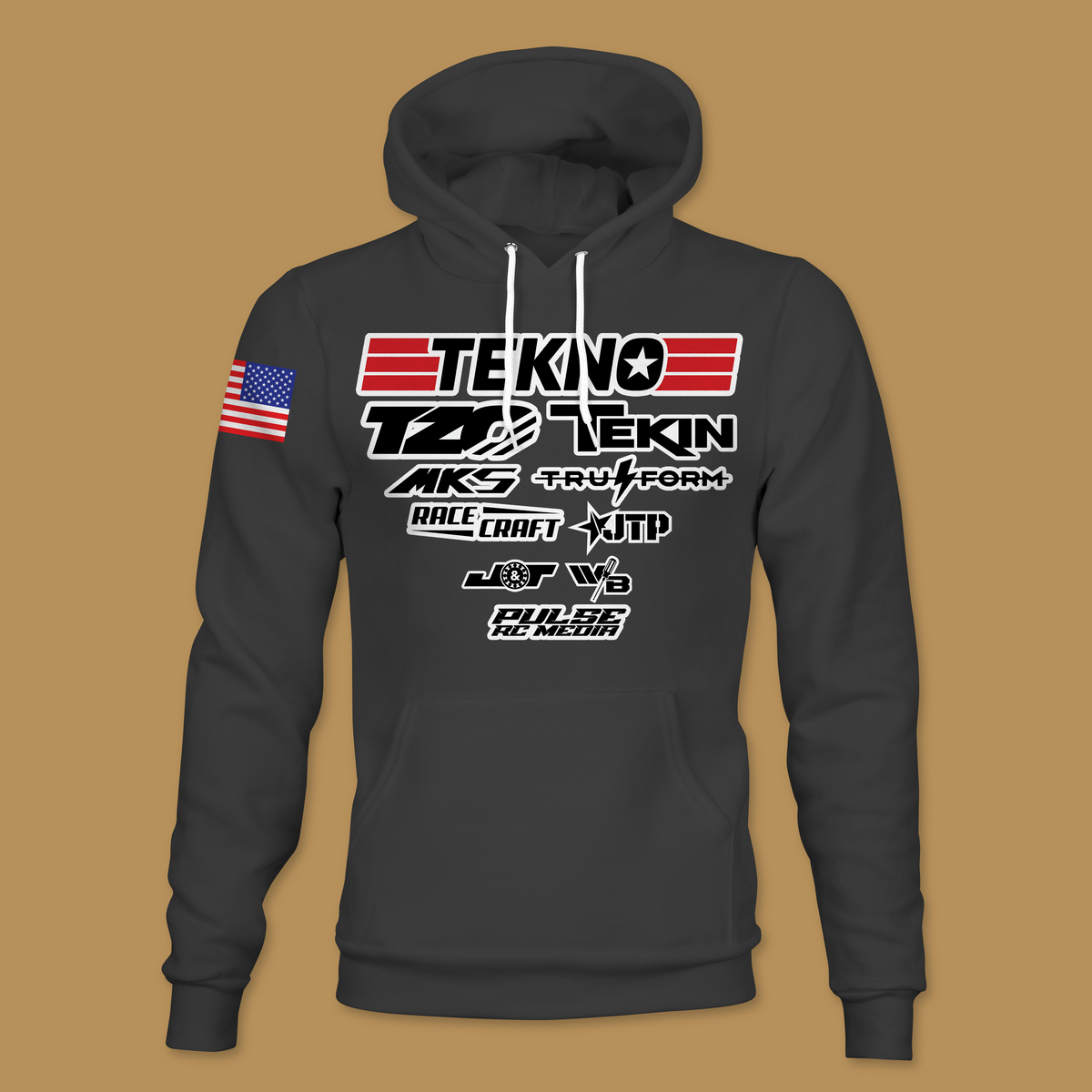 Black custom RC racing hoodie with red and white sponsor logos and a flag on the sleeve