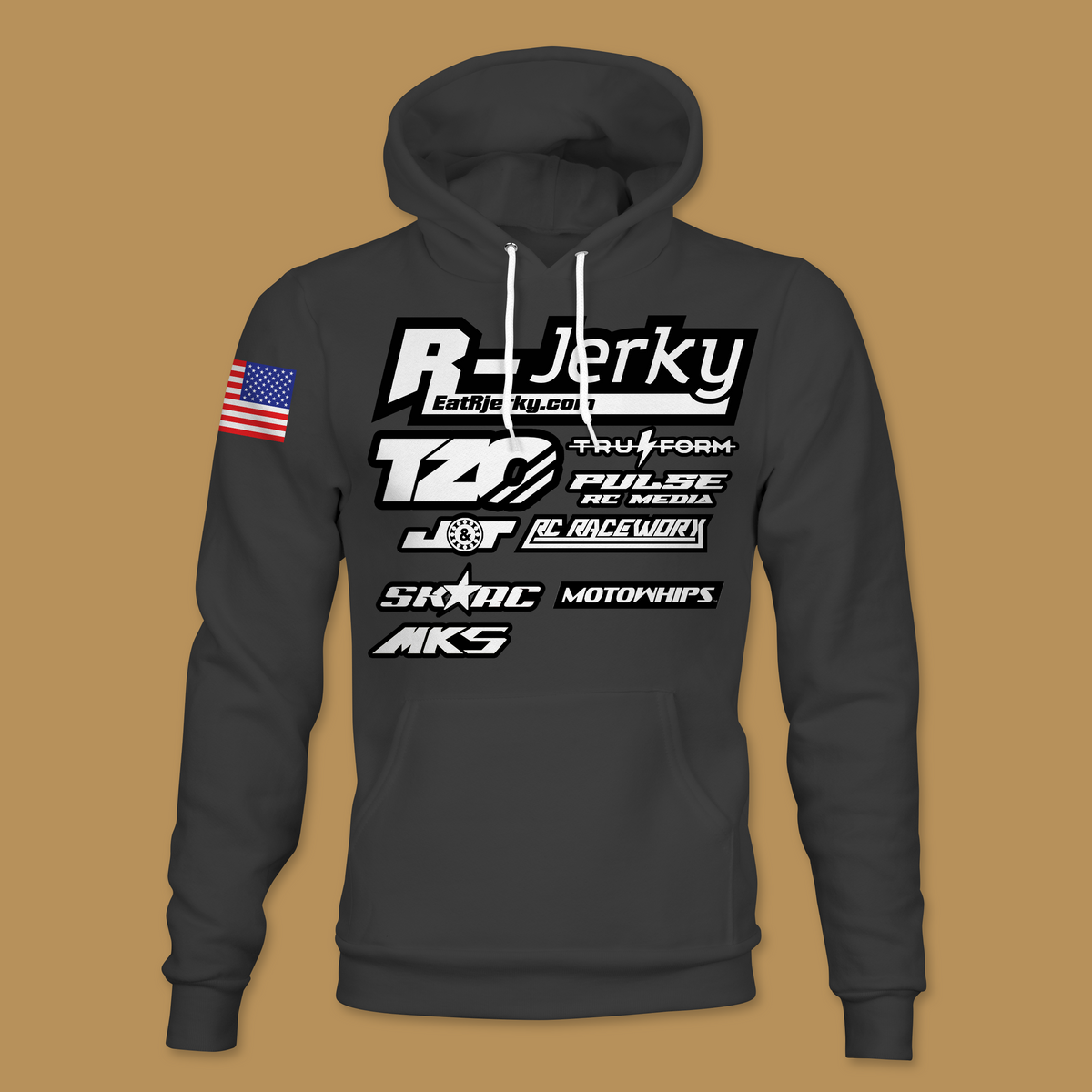 Black custom RC racing hoodie with white sponsor logos across the chest