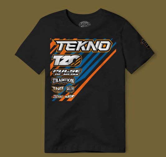 Black custom RC racing T-shirt with sponsor logos and orange and blue stripes