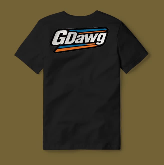 Back view of a black custom RC T-shirt with a personalized name design